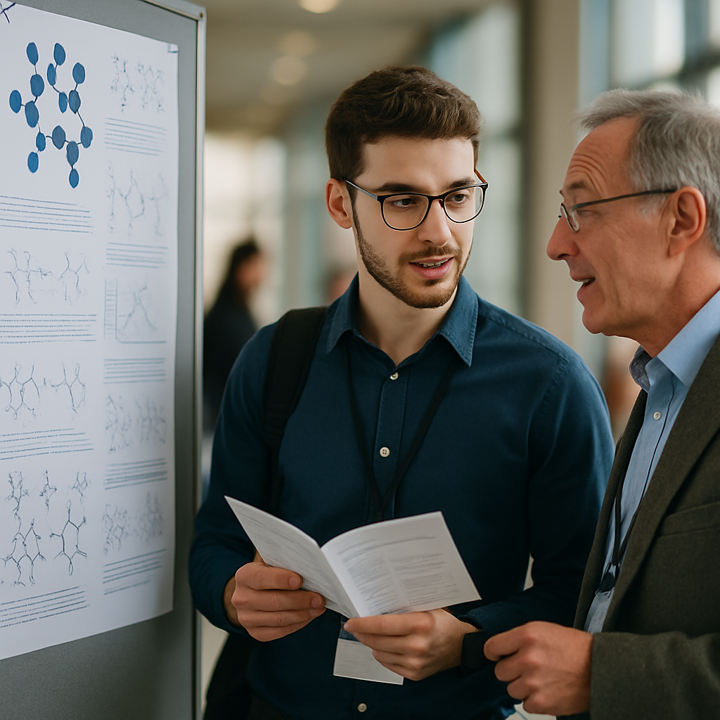 A graduate researcher discusses a chemistry poster with a senior chemist at a conference.