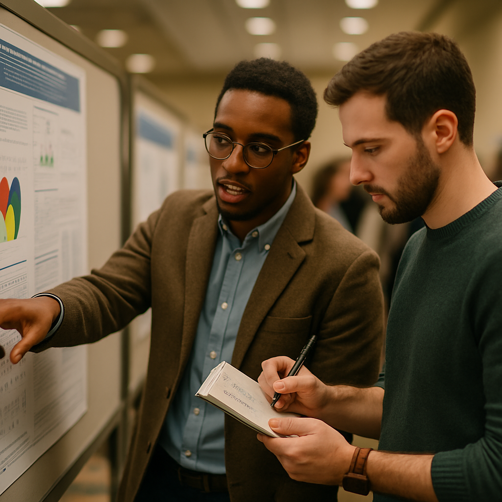 Two researchers discuss a scientific poster and note follow-up steps at a conference.